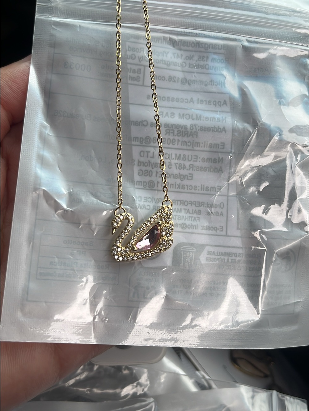 Gold Swan Pendant Necklace with Pink Crystal Accent